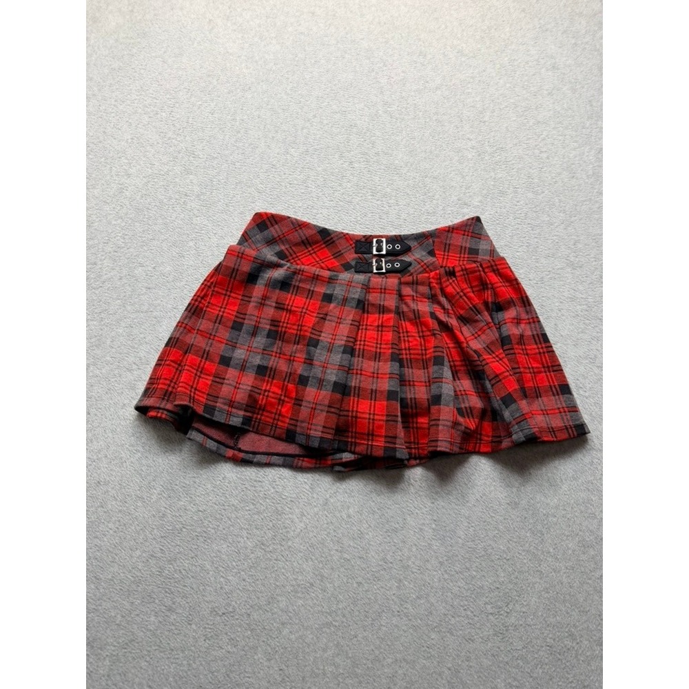 Plaid Pleated Mini Skort Red Grey Buckle Detail Punk Schoolgirl Skater Skirt